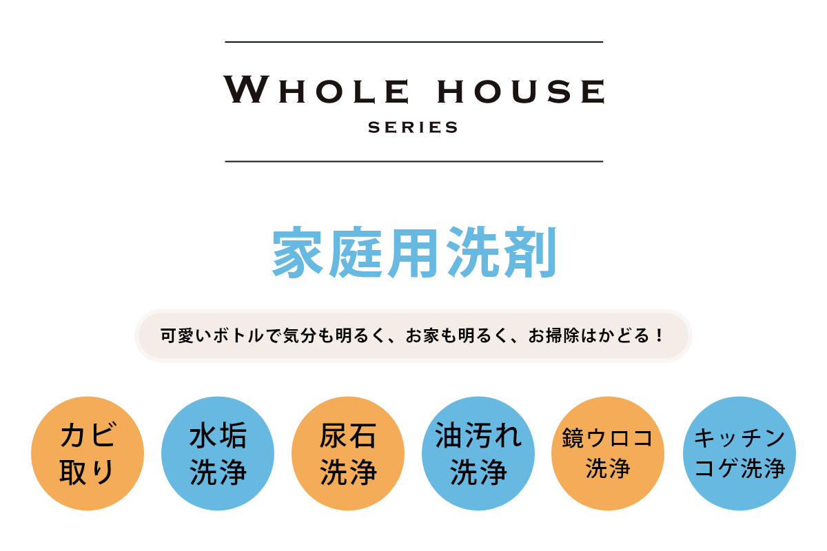「WHOLE HOUSE SERIES」家庭用洗剤 可愛いボトルで気分も明るく、お家お明るく、お掃除はかどる!カビ取り、水垢洗浄、尿石洗浄、油汚れ洗浄、鏡ウロコ洗浄、キッチンコゲ洗浄